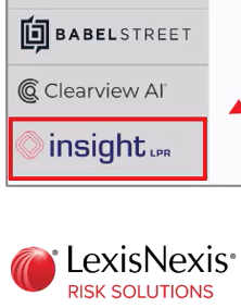 The Accurint Virtual Crime Center app menu listing integrated tools including Babel Street, Clearview AI, and InsightLPR.