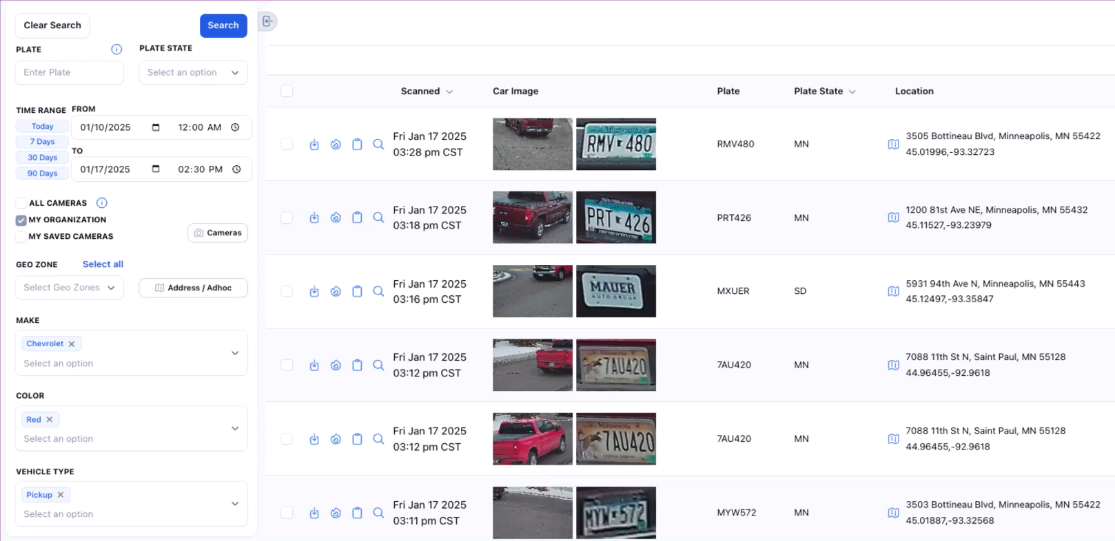 InsightLPR MX Guardian search results for a red Chevrolet pickup, showing vehicle photos, zoomed plate crops, and scan locations concentrated in Minneapolis and St. Paul, with a CONFIDENTIAL footer.