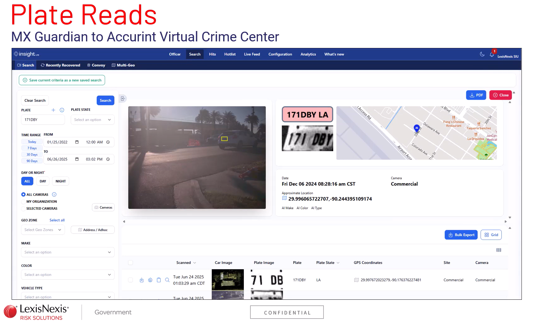 An InsightLPR scan detail page showing a vehicle photo, scan location, a camera type labeled Commercial, and an AI option to infer vehicle make, color, and type.
