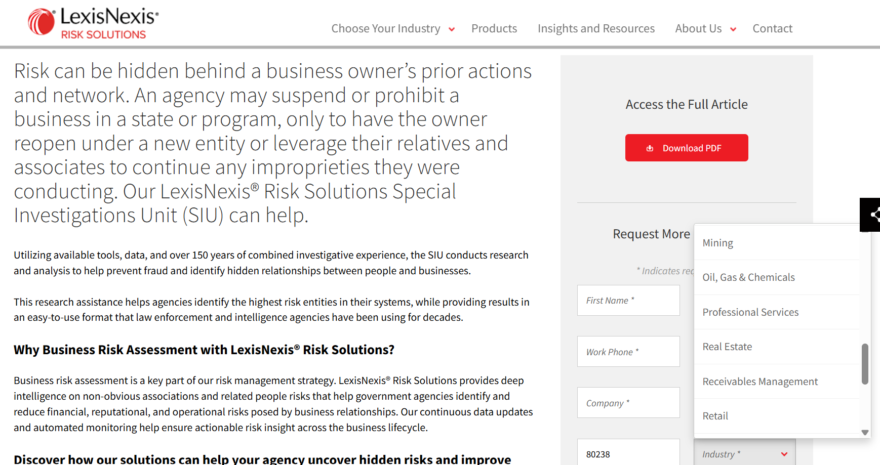LexisNexis marketing page describing its Special Investigations Unit, offering investigations for private companies using deep intelligence on non-obvious relationships to mitigate business risk.