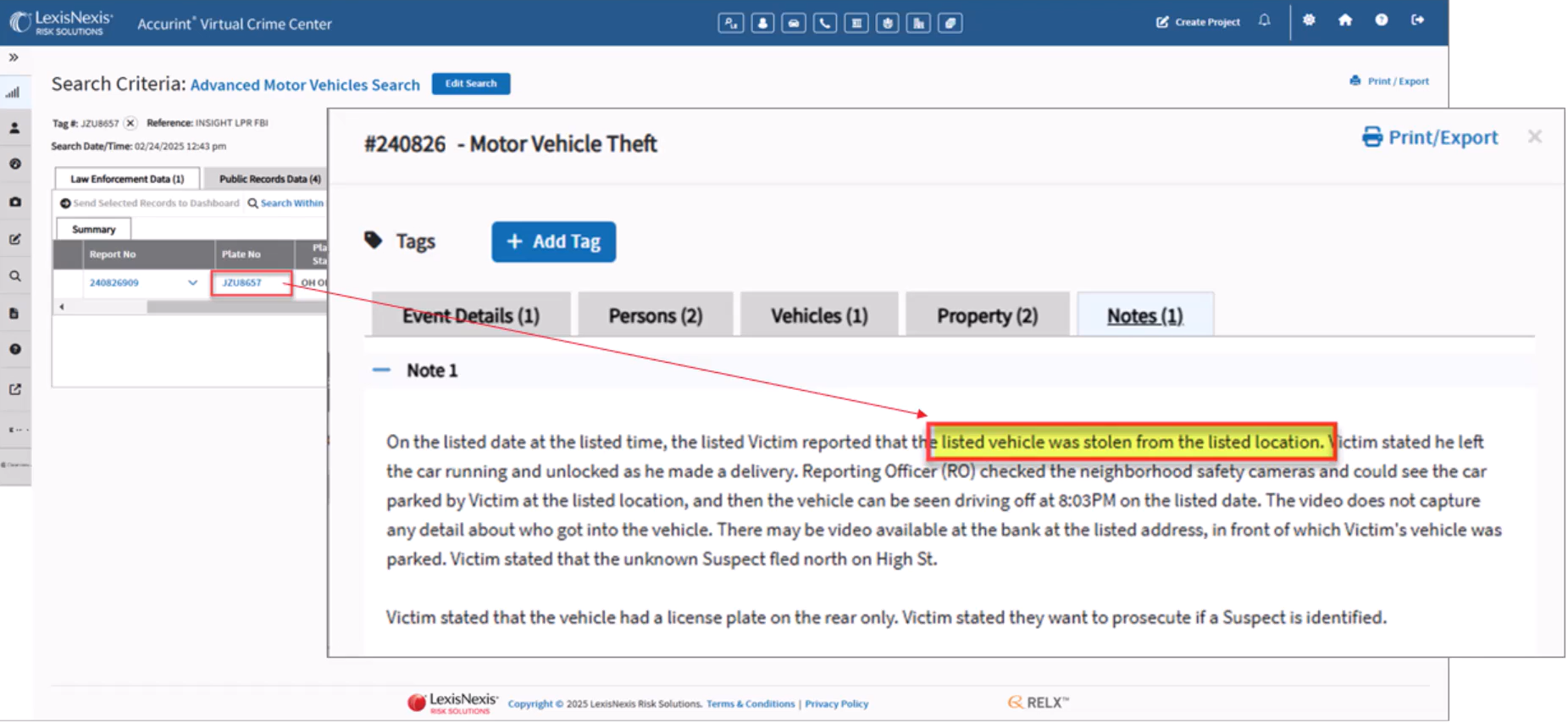 AVCC record linking the Ohio license plate to a Columbus police motor vehicle theft report dated November 4, 2024.