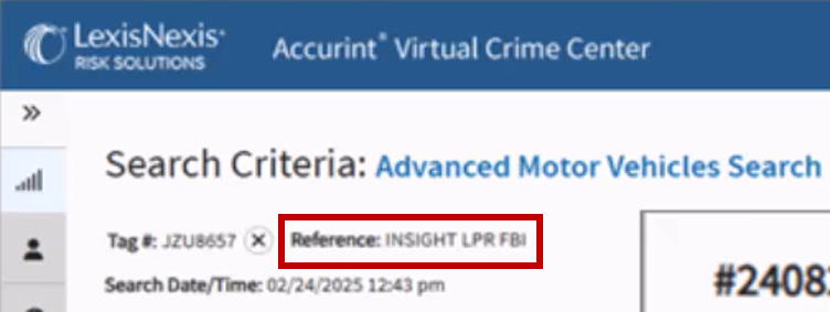 The search audit field in the demo showing the reason for the query as INSIGHT LPR FBI.