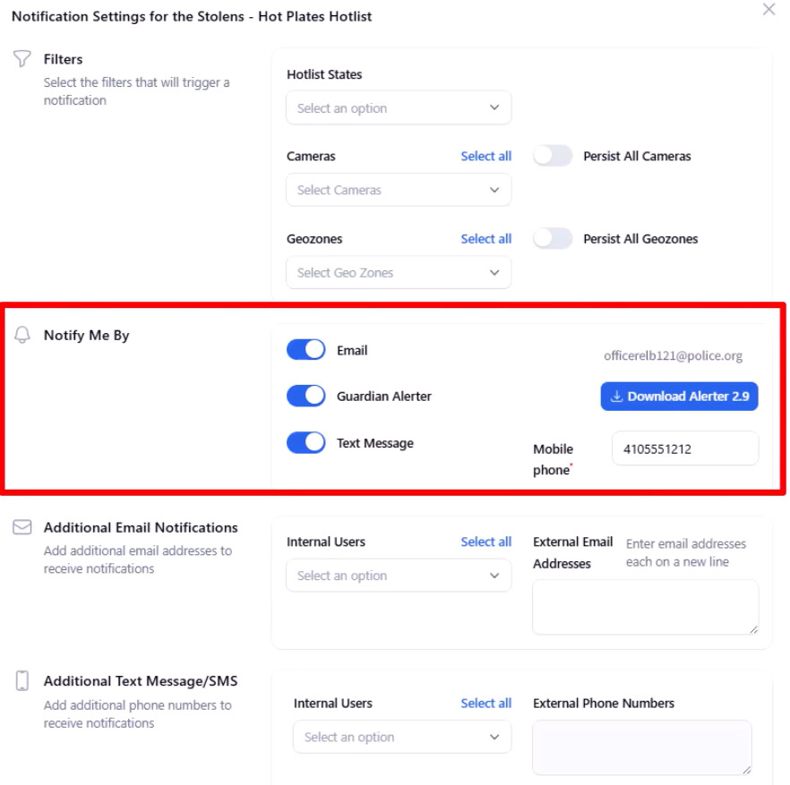 The MX Guardian hotlist setup page, with fields to add plates, select states, and apply the alert across all cameras and geozones.