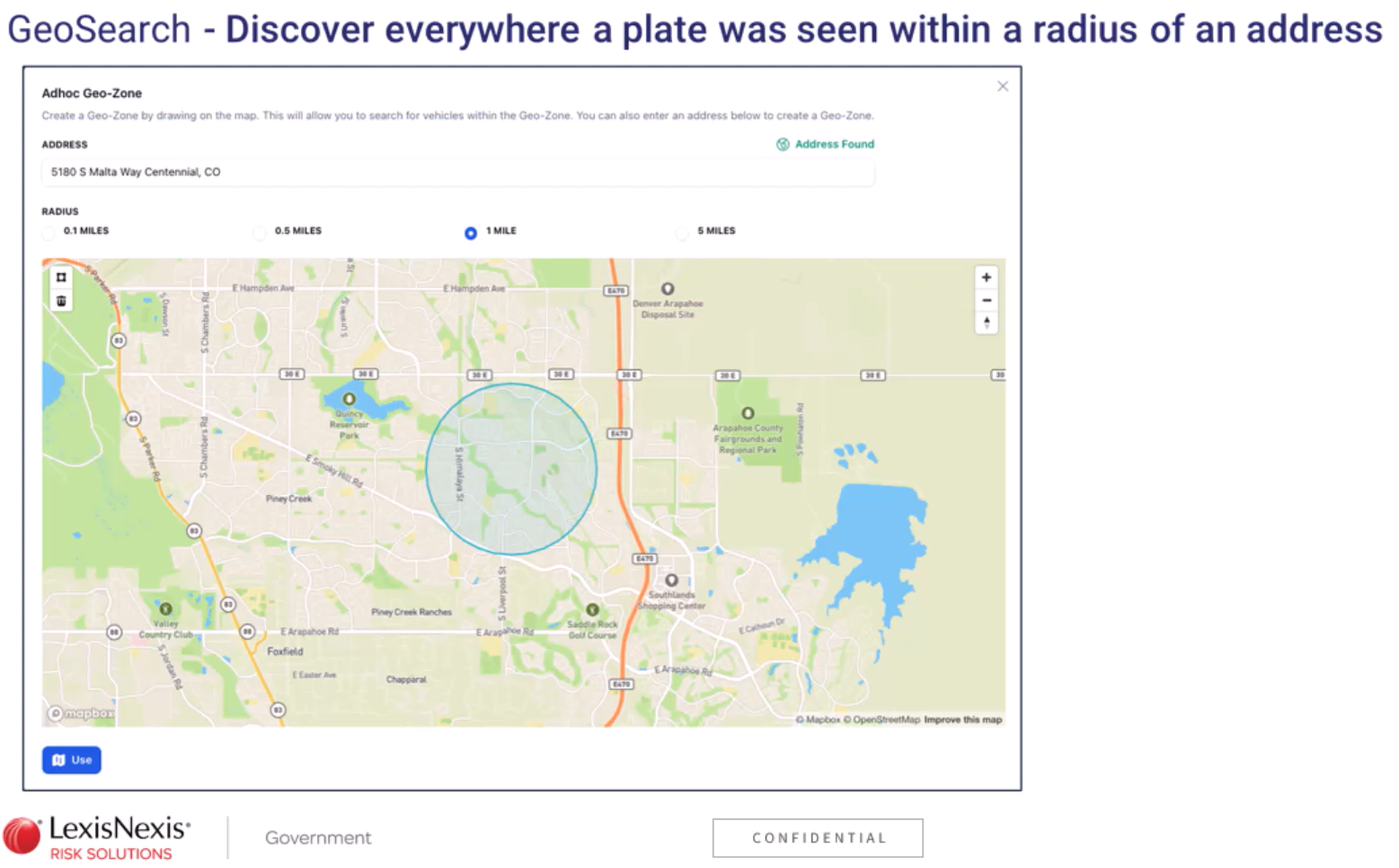 The MX Guardian GeoSearch tool, drawing a radius on a map to return every plate scanned inside it during a chosen time window.