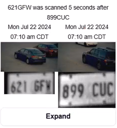 A convoy analysis card showing two vehicles, plates 621GFW and 899CUC, scanned five seconds apart at 7:10 am on July 22, 2024, with photos of both cars and their plates.